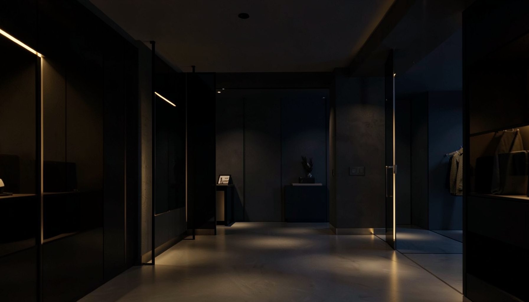 Dark atmospheric background with subtle warm amber and deep navy tones, suggesting a sleek modern retail environment