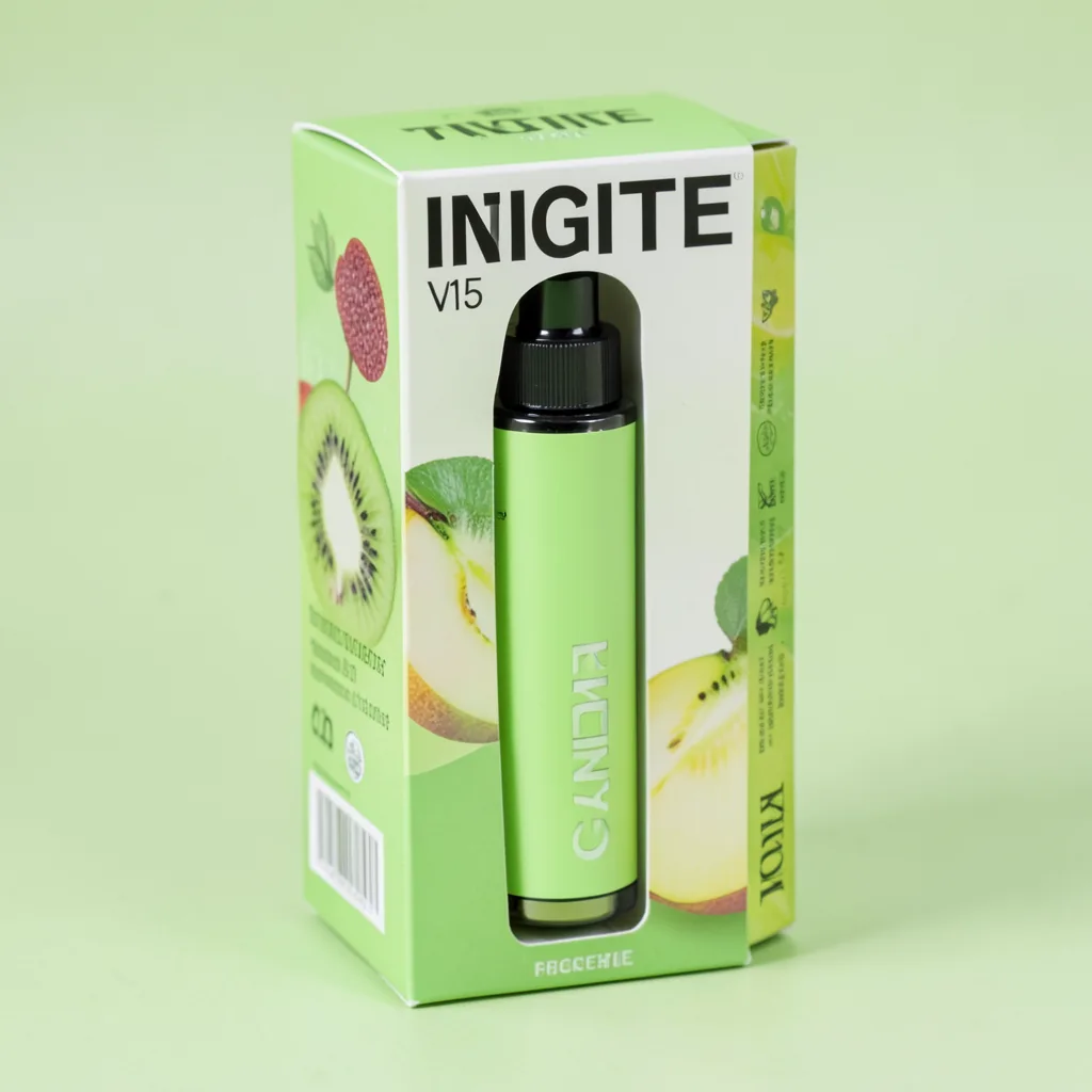 IGNITE V15 disposable vape device in Green Apple Peach Kiwi flavor packaging